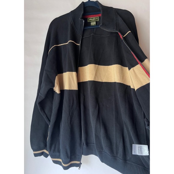 Eddie Bauer Mens Blue Tan Stripe Full Zip Knit Sweater Jacket XL Cotton - Picture 2 of 9